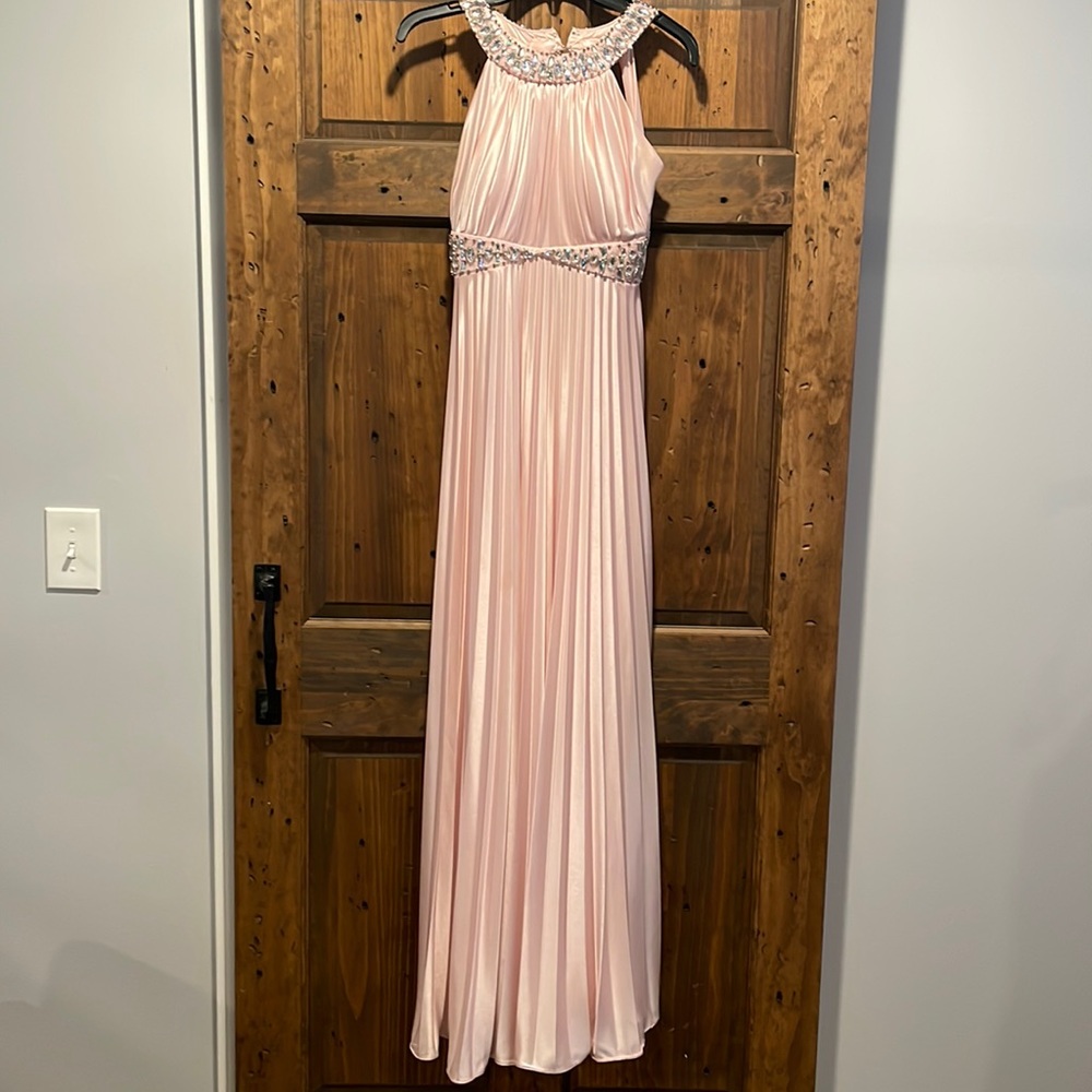 JUNIORS PINK SATIN Prom dress with rhinestones